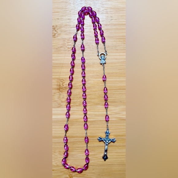 Jewelry - Vintage Women's Rosary Necklace with Pink Acrylic Beads_Stamped “Italy”
